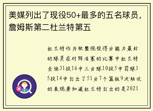 美媒列出了现役50+最多的五名球员，詹姆斯第二杜兰特第五