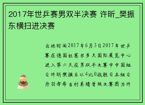 2017年世乒赛男双半决赛 许昕_樊振东横扫进决赛