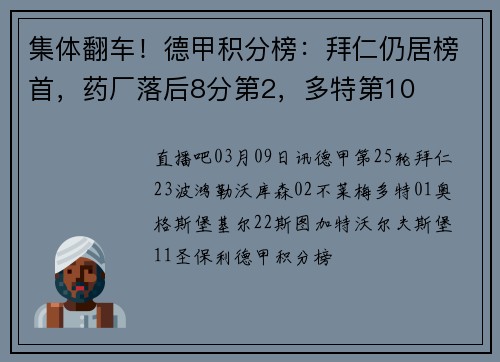集体翻车！德甲积分榜：拜仁仍居榜首，药厂落后8分第2，多特第10
